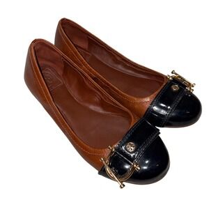 Tory Burch Brown Leather Black Patent Cap‎ Toe Ballet Flats Size 8M